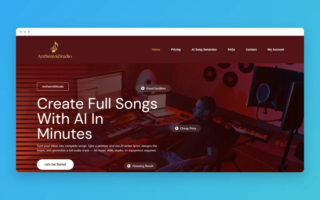 AI Music Generation Platform website mockup
